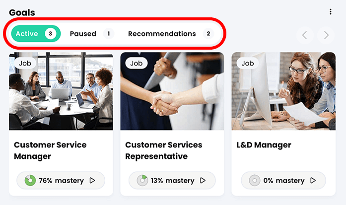 The Goals widget with the Active, Paused, and Recommendations tabs highlighted