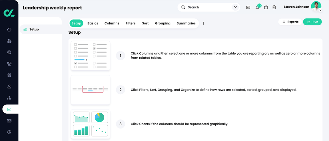 Custom report, Setup, Set up tab