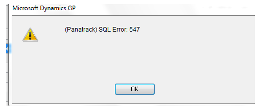 SQL Error 547 dialog
