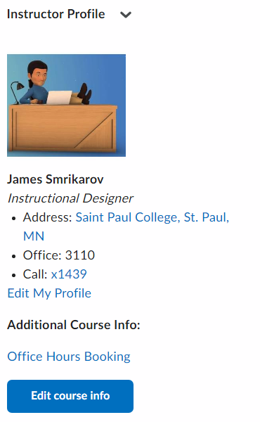 an image of the instructor widget from D2L with a Microsoft Bookings Link added