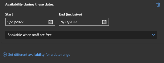 A screenshot of the Set different availability for a date range option