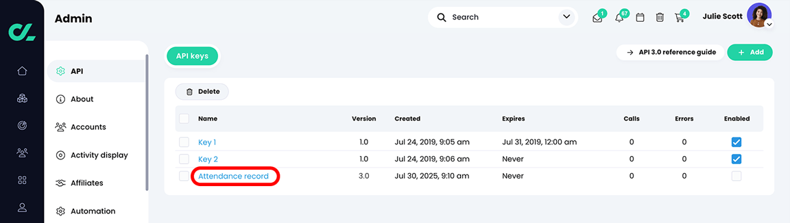 Admin, API keys page with an API key name highlighted
