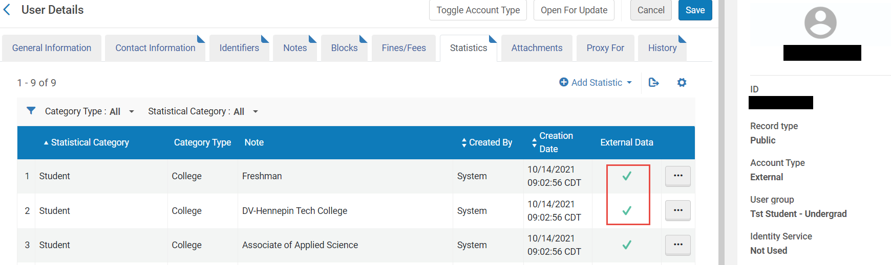 User details page with red box highlighting green checkmark indicating external status of field.