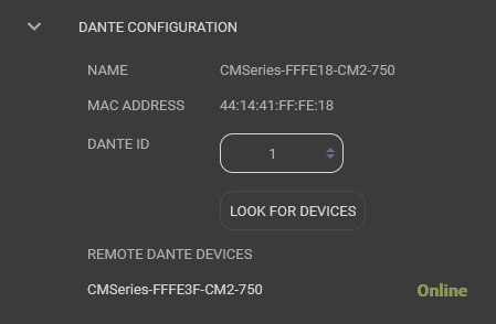 Dante Configuration panel in the AudioControl amp's web interface, configured with Dante ID 1 and showing Remote Dante Devices online.