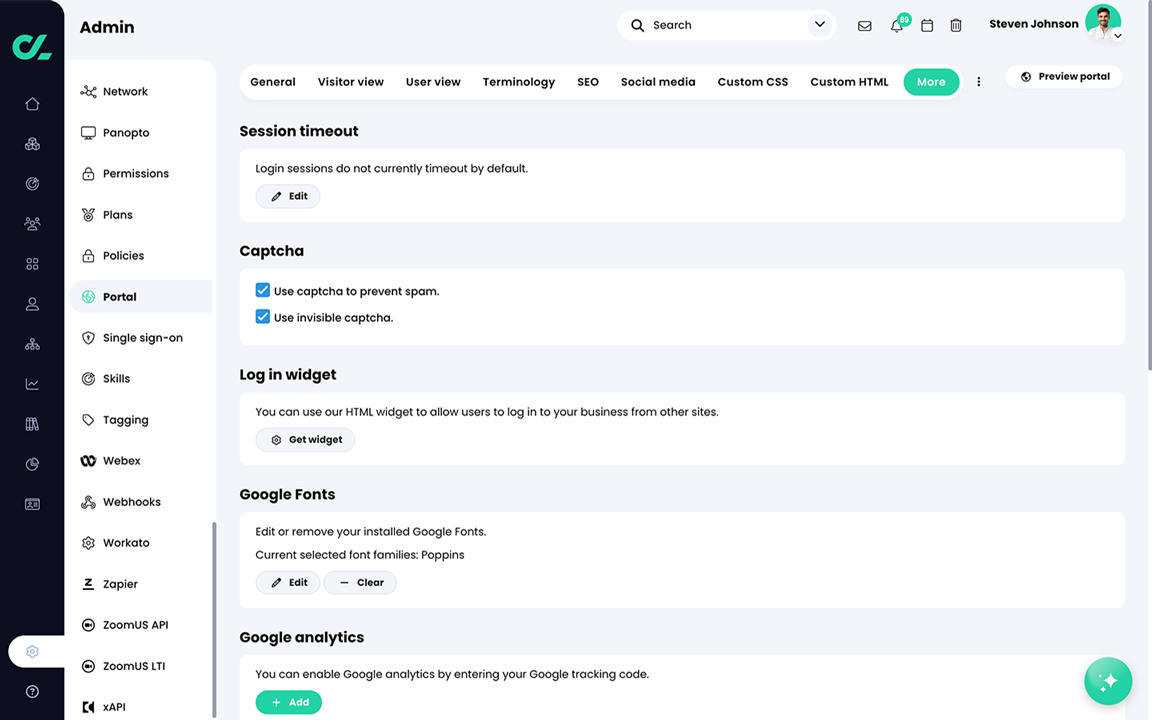 Admin, Portal, More tab