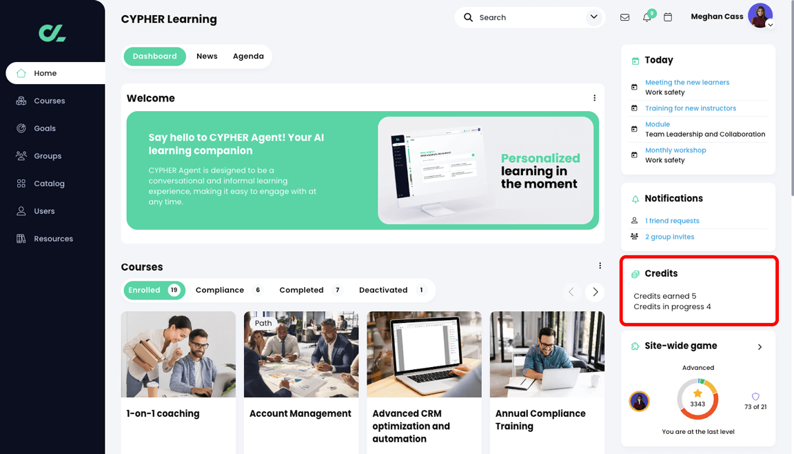 Learner home page dashboard with the Credits widget highlighted