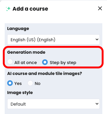 CYPHER Agent menu, General tab with Generation mode highlighted and Step by step selected