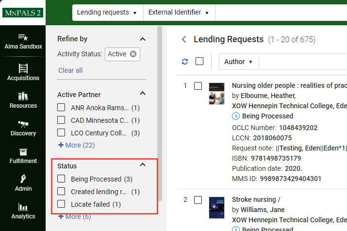 Lending request Statuses of new lending requests