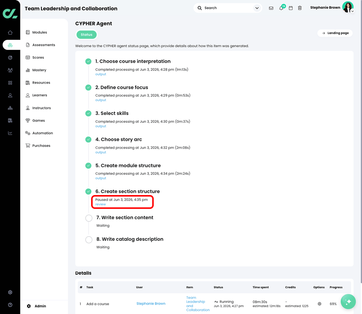 CYPHER Agent status page with the review button highlighted in the Create section structure section