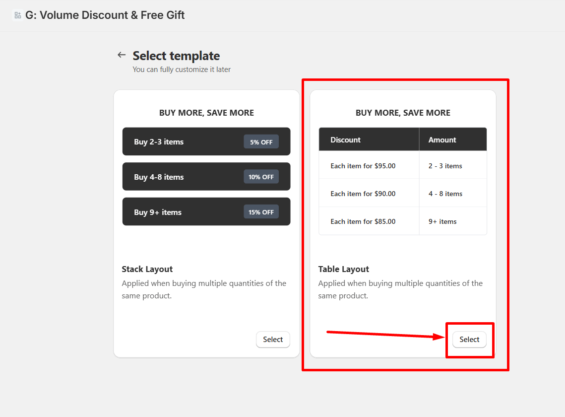 Table Layout Discount Widget