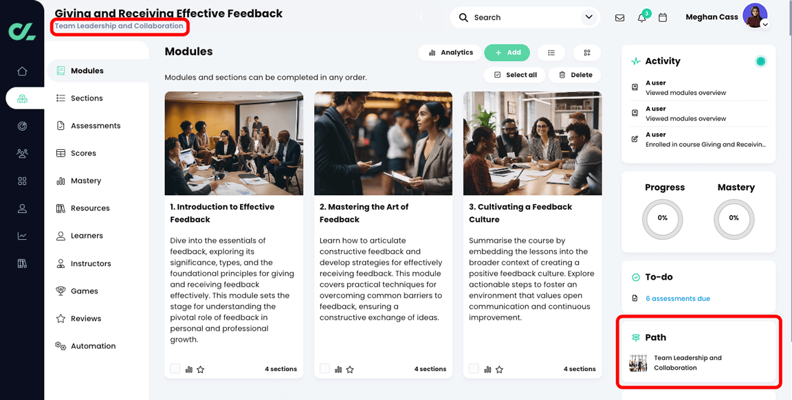 Learner view of a course, Modules tab, with the Path name and Path widgets highlighted