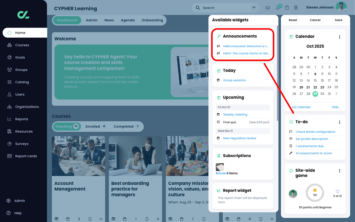 Right panel edit mode with the Announcements widget highlighted in the Available widgets column and an arrow pointing at the Right panel column