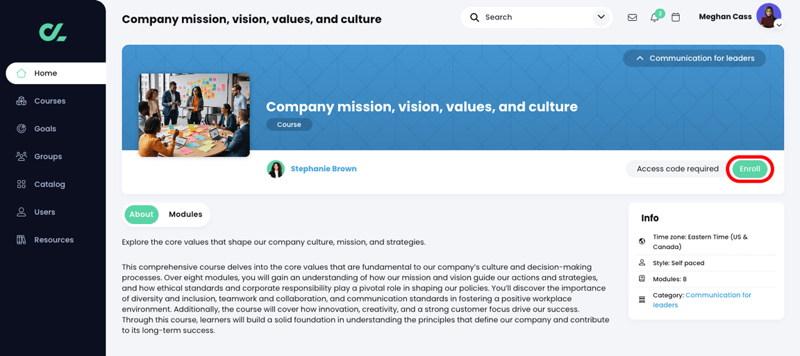 Course overview page with the Enroll button highlighted