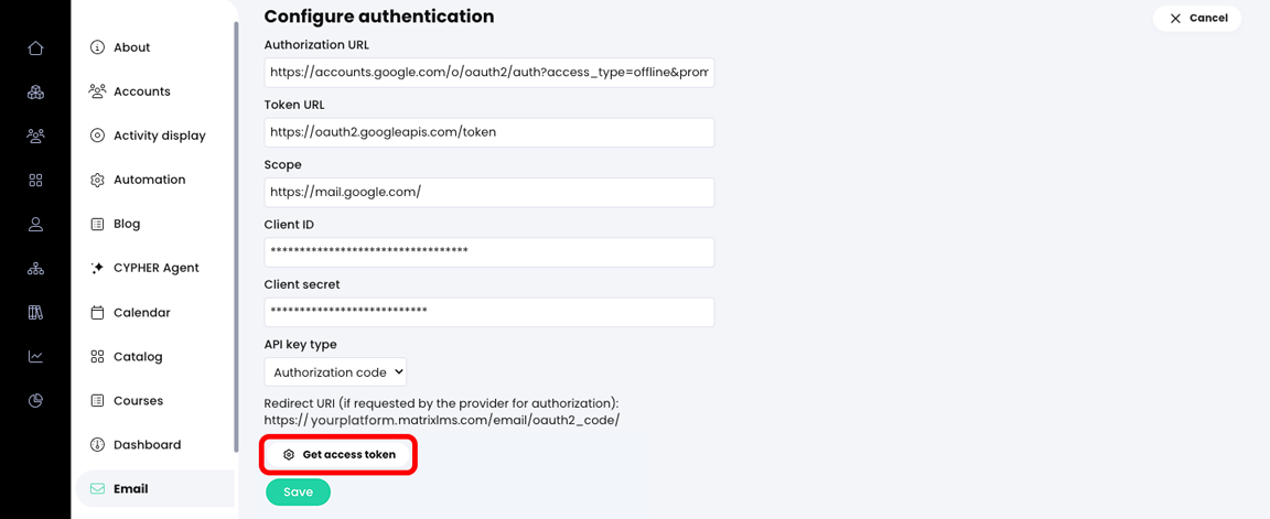 Admin, Email, Configure authentication page with the Get access token button highlighted