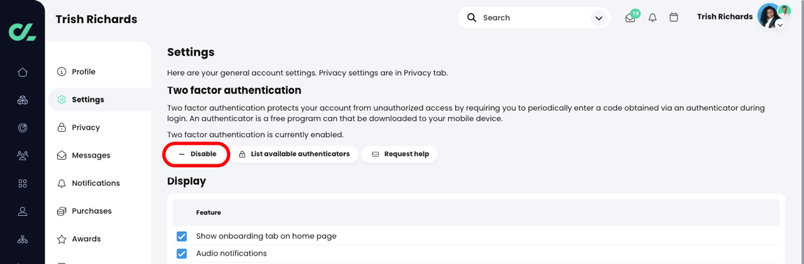 3-2 Logged in as another user, user profile, Settings page with the Disable button highlighted in the Two factor authentication section