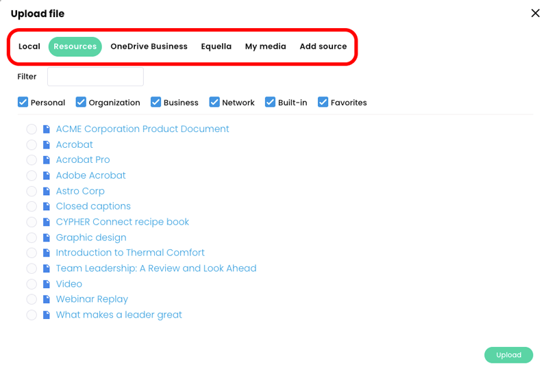 Upload file pop-up, Resources tab with the  tabs highlighted