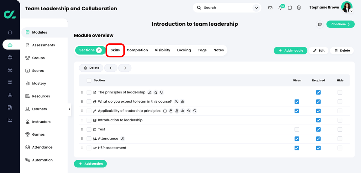 Course, Modules, Module overview with the Skills tab highlighted