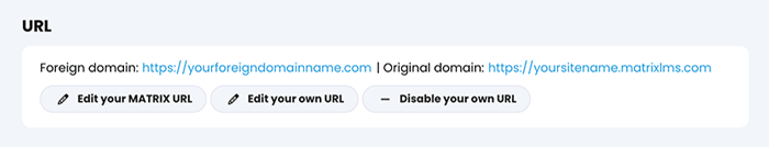 Admin, Portal, General tab, URL section with a Foreign domain set up