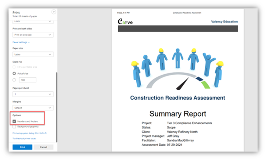 Print CRA Report, Headers, and Footers