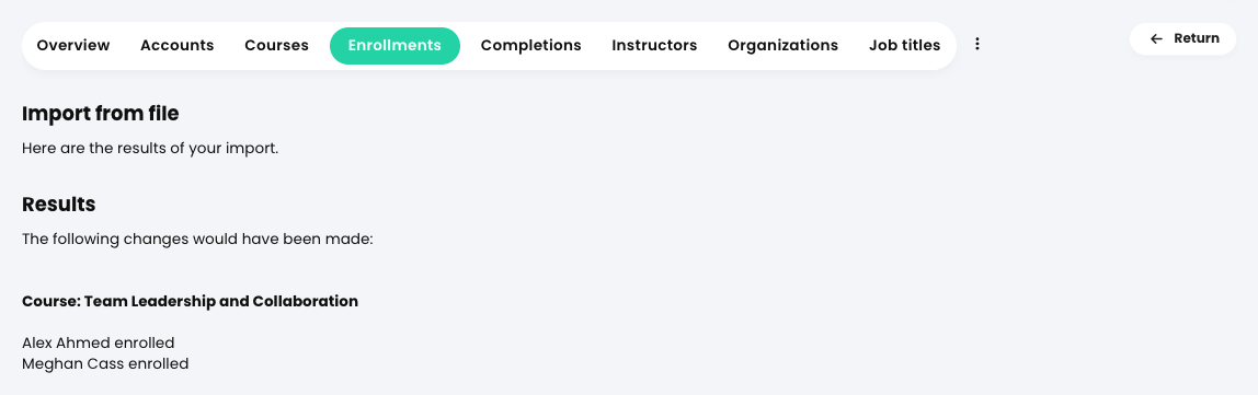 Admin, Import, Enrollments tab, Import results