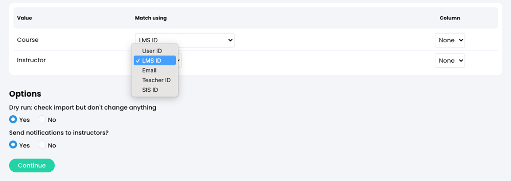 Admin, Import, Instructors tab with the Instructor 'Match using' menu active