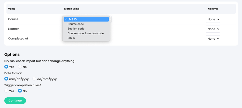 Admin, Import, Completions tab with the Course 'Match using' menu active