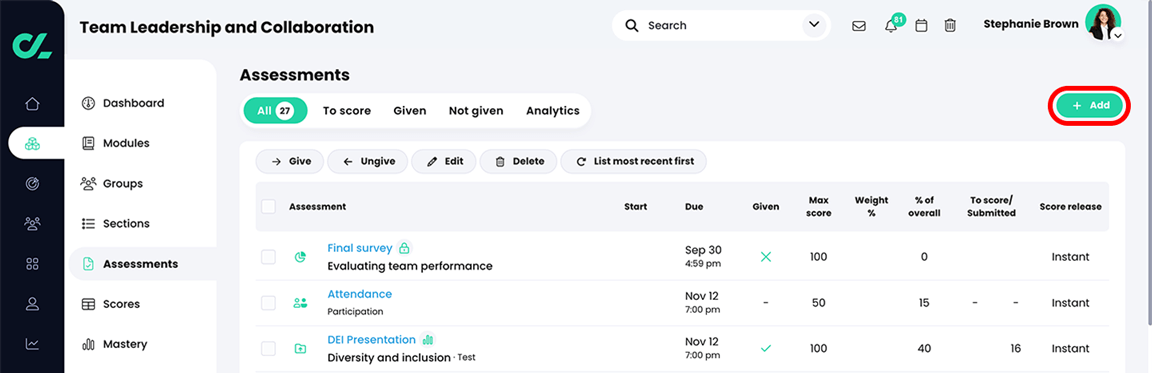 Course, Assessments, All tab with the Add button highlighted