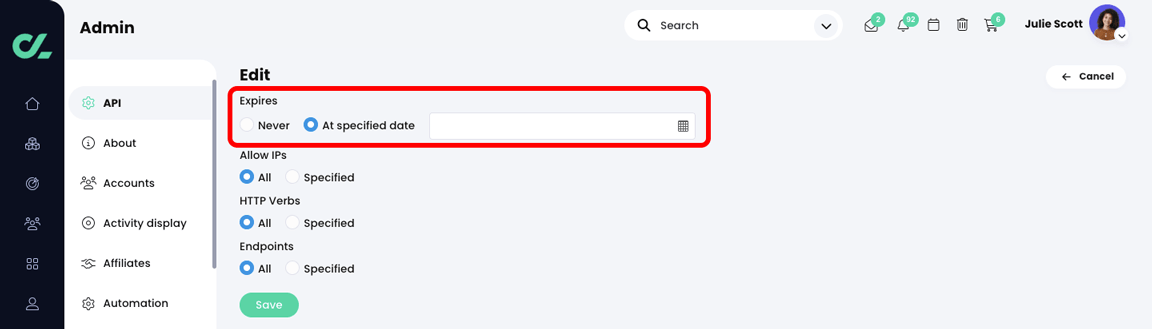 Admin, API key, Edit page with the Expires section highlighted and At specified date radio button selected