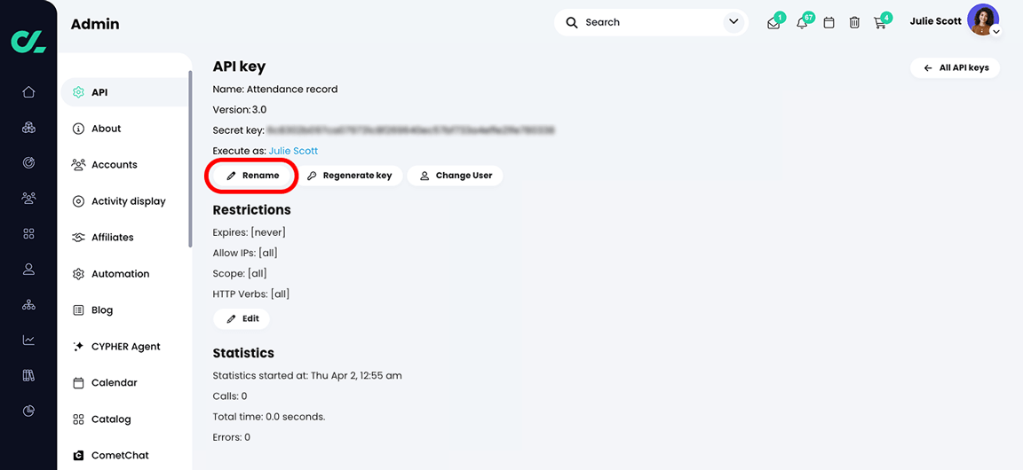 Admin, specific API key page with the Rename button highlighted
