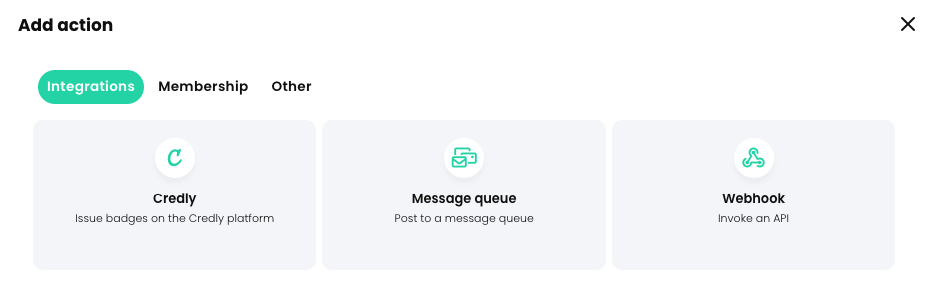Add action pop-up, Integrations tab active