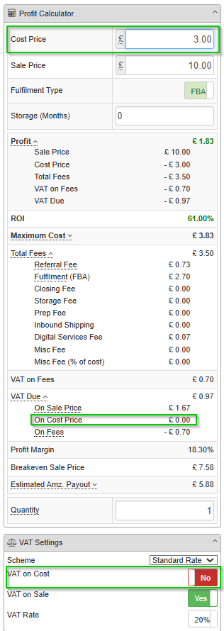 SellerAmp Profit Calculator and VAT Settings panels showing configuration for a seller who does not pay VAT on Cost