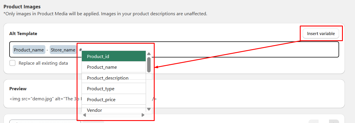 Product image alt optimization in Tapita SEO & Speed