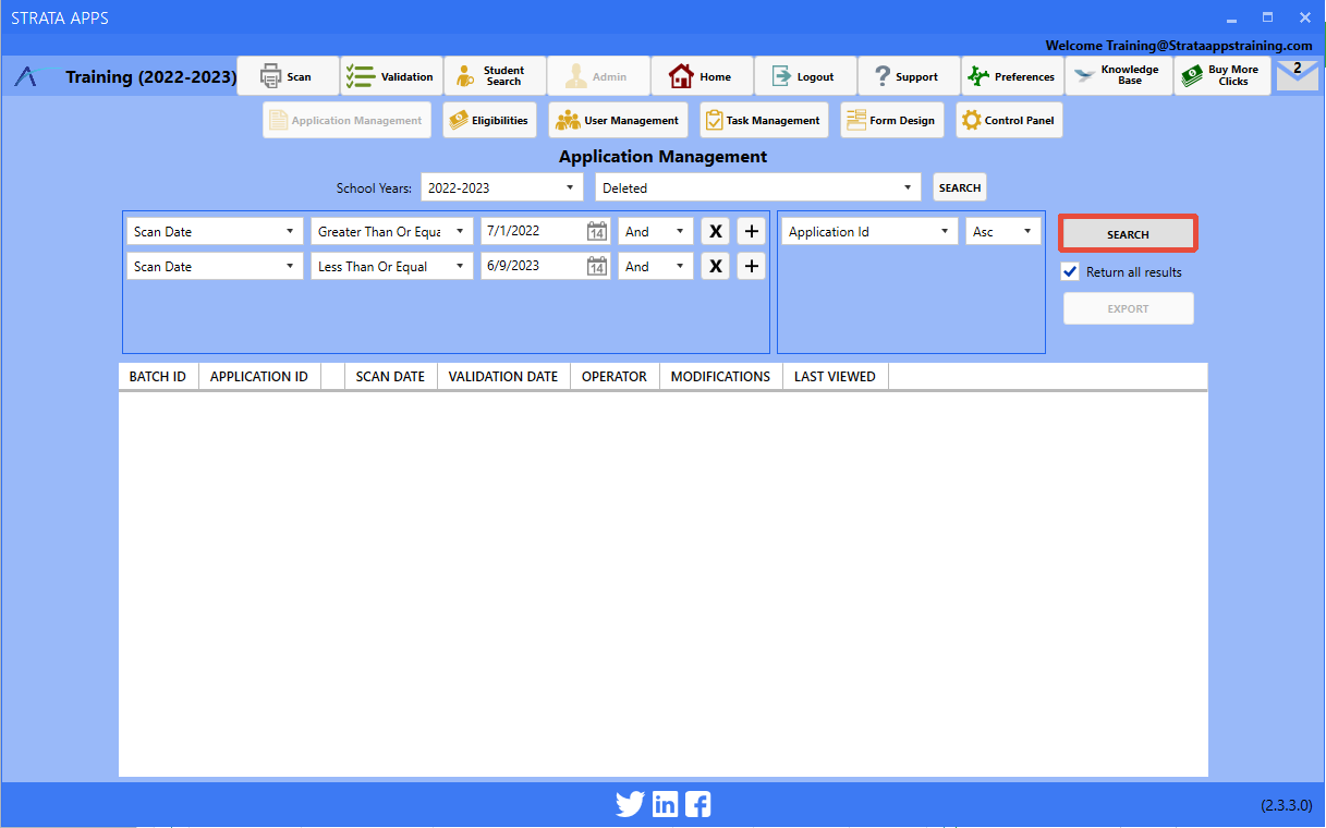 Strata Apps Application Management interface with the location of the Search Builder's Search button highlighted.