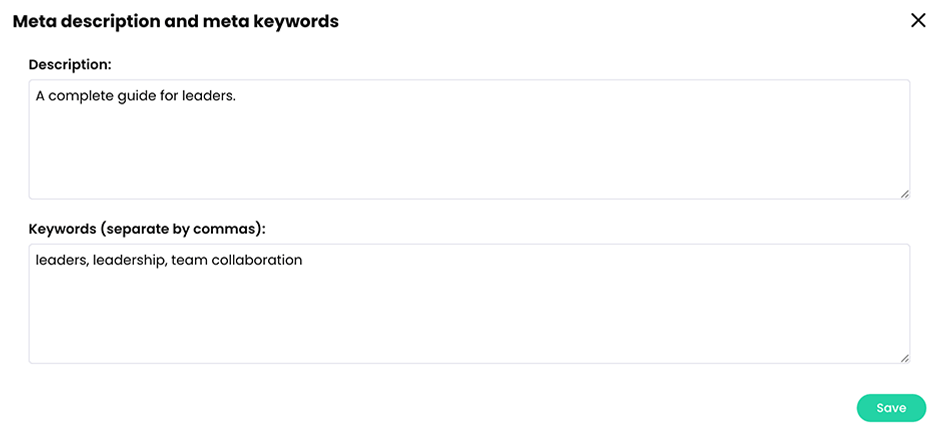 Meta description and meta keywords pop-up