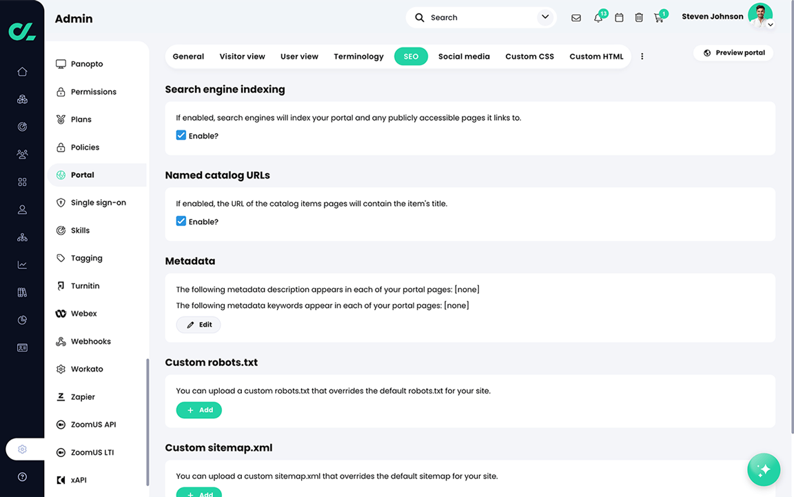 Admin, Portal, SEO tab