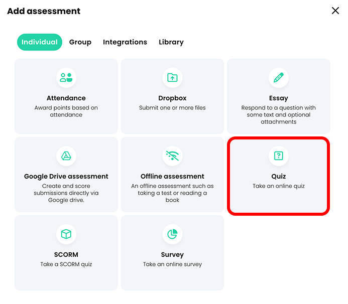Add assessment pop-up with Quiz highlighted