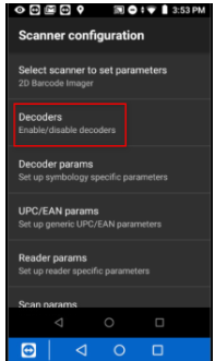Scanner configuration menu with Decoders option highlighted