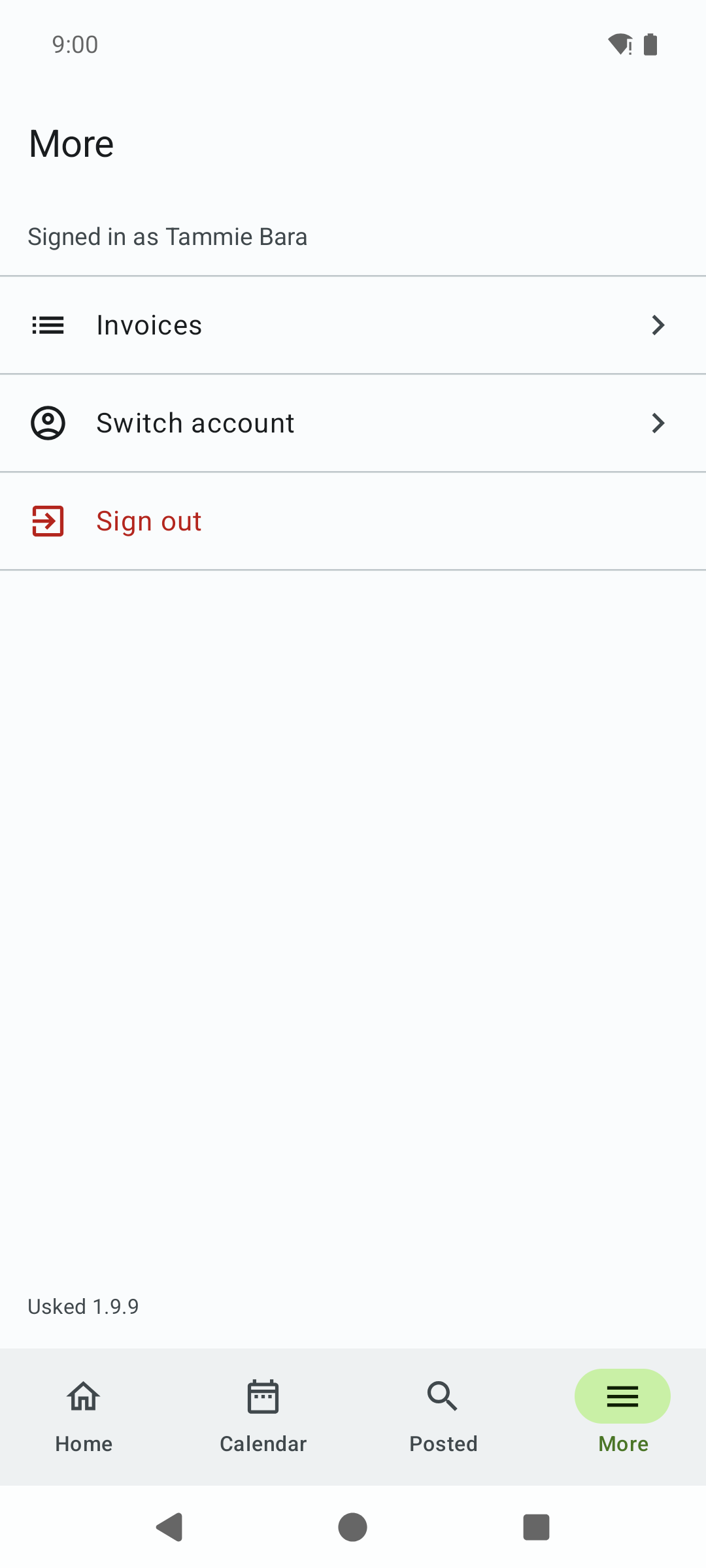 The More tab for a signed-in provider showing menu rows for Invoices, Switch account, and Sign out.