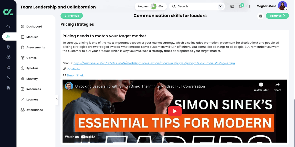 Course, Module, Content page example with Resources
