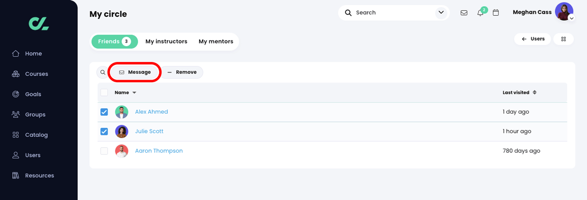 Users page, Friends tab with two users selected and the Message button highlighted