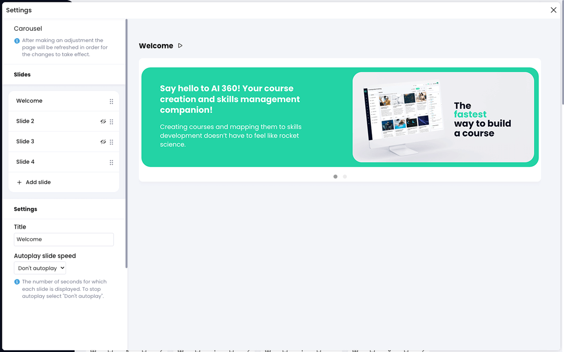 Banner widget Settings pop-up showing edit options along the left and a preview on the right