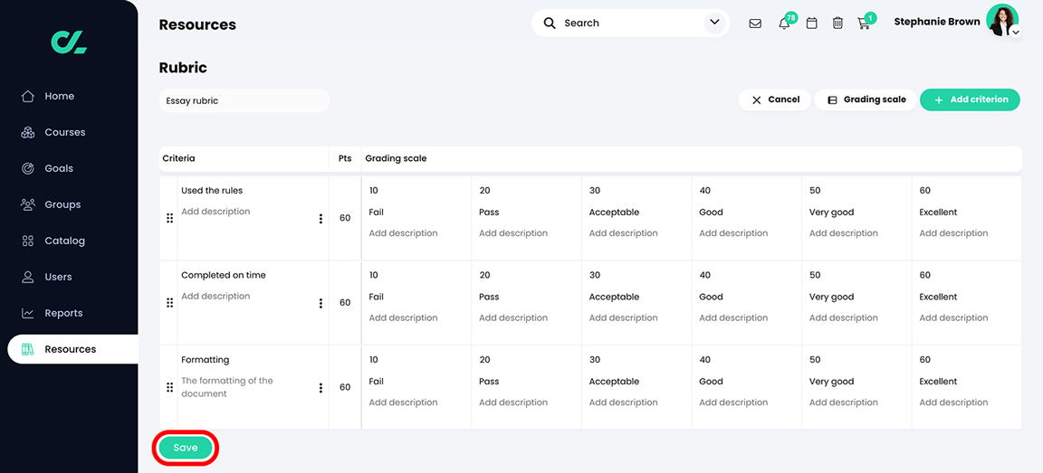 Resources, Rubric with the Save button highlighted