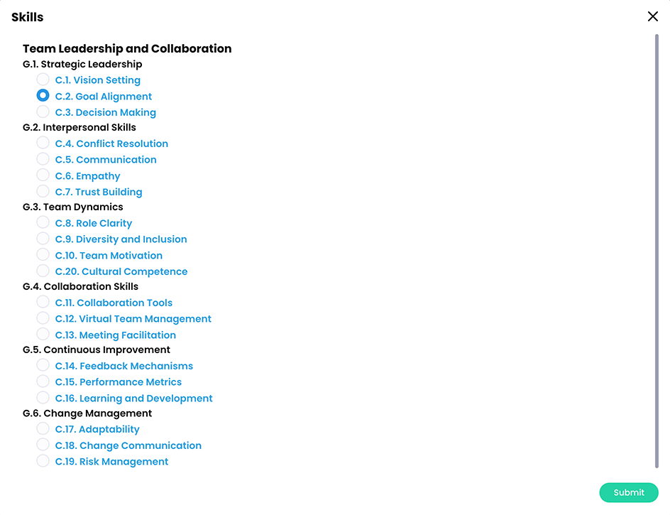 Skills pop-up with a skill selected