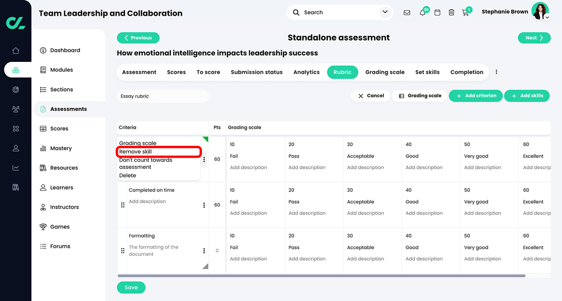 Course, Assessments, Essay Assessment, Rubric tab with the More menu active for a criterion cell and the Remove skill button highlighted on the menu