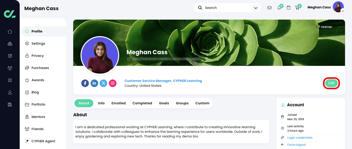 User profile page with the Edit profile button highlighted