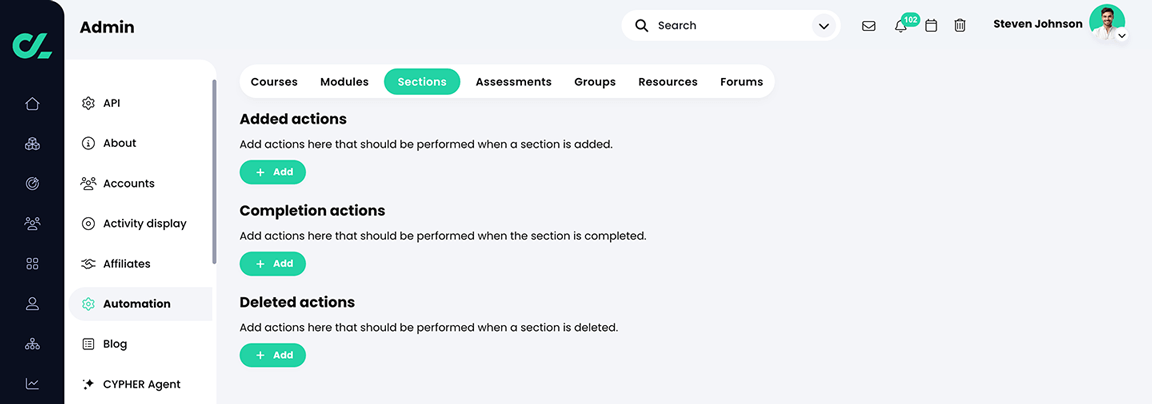 Admin, Automation, Sections tab