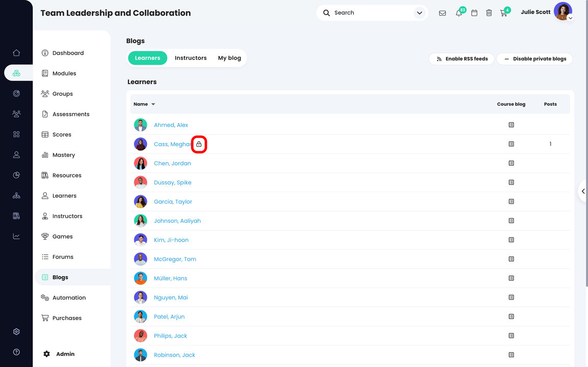 Course, Blogs, Learners page highlighting a lock icon next to a learner's name indicating a private blog