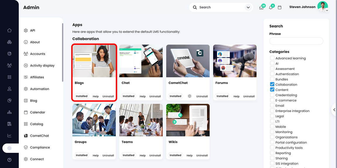Admin, App center page showing the Blogs app highlighted