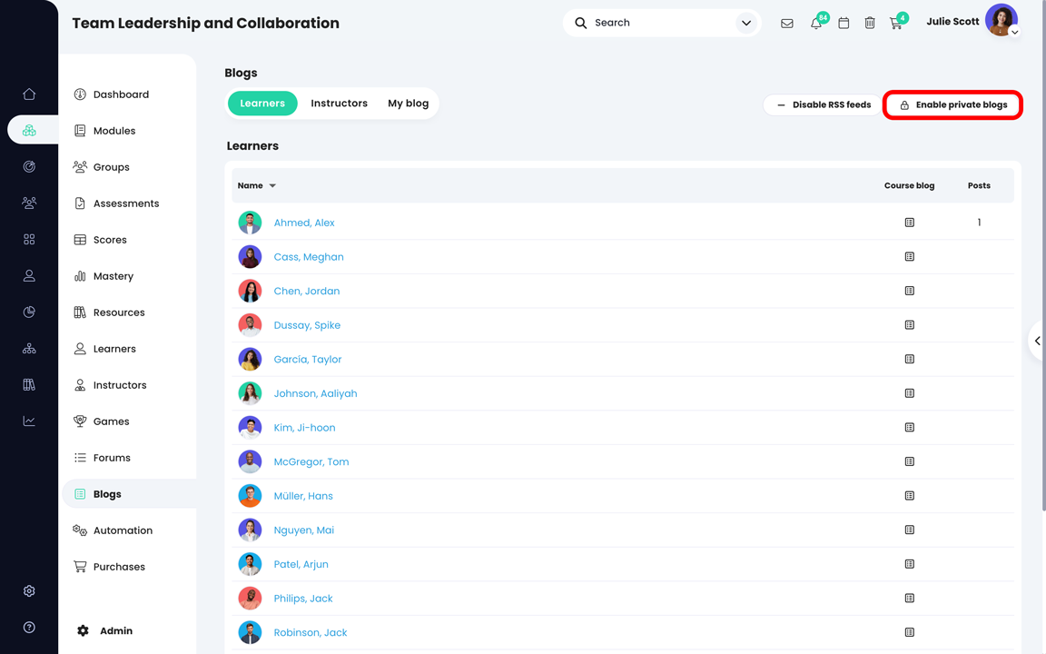 Course, Blogs, Learners page highlighting the Enable private blogs button