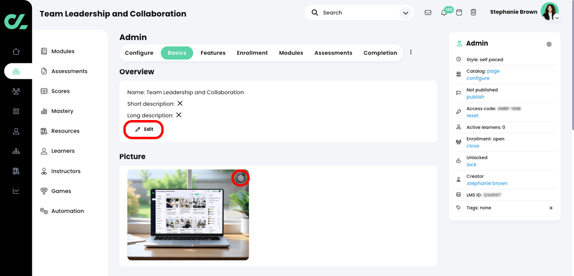 Course, Admin, Basics tab with the Edit button highlighted in the Overview section and the cog icon highlighted on the course picture